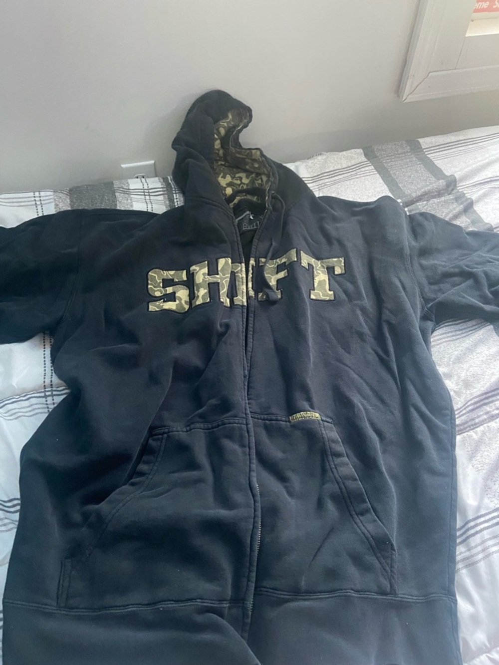 Shi by JOURNEYS Black Hoodie with Camo Hood Lining and SHIFT Print